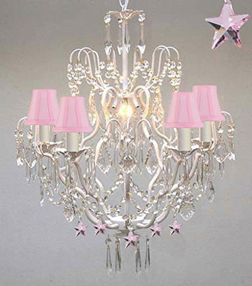 Wrought Iron & Crystal Chandelier Authentic Chandelier With Pink Stars Nursery Kids Girls Bedrooms Kitchen Etc With Pink Shades - J10-Pinkshades/White/B38/C/26025/5