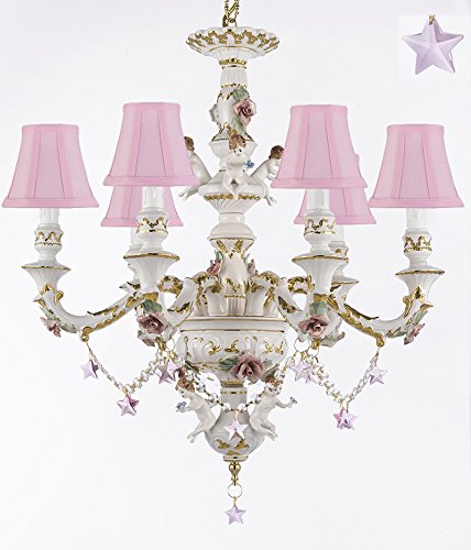 Authentic Capodimonte Porcelain Chandelier Lighting w/ Cherub Angels W/ Pink Stars W/ Pink Shades Made in Italy Good for Dining Room, Kids & Girls Bedrooms 24K Gold Trimmed w/ Roses & Flowers - GB102-SC/PINKSHADES/B38/119/6