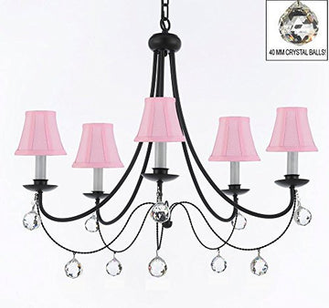 Empress Crystal (Tm) Wrought Iron Chandelier Lighting H.22.5" X W.26" With Pink Shades And Crystal Balls Swag Plug In-Chandelier W/ 14' Feet Of Hanging Chain And Wire - J10-B16/Sc/Pinkshades/B6/26031/5