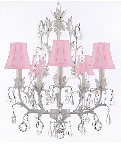 White Wrought Iron Floral Chandelier Lighting W/ Crystal Balls And Shades - J10-Sc/Pinkshade/B6/White/26016/5