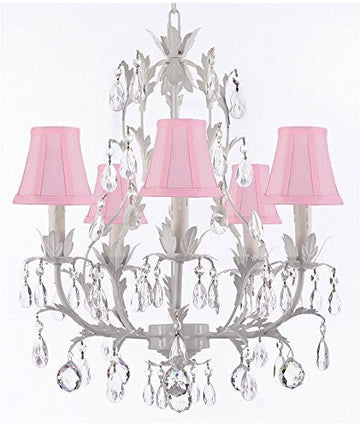White Wrought Iron Floral Chandelier Lighting W/ Crystal Balls And Shades - J10-Sc/Pinkshade/B6/White/26016/5