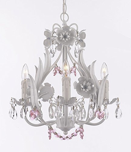 White Iron Floral Crystal Flower Chandelier Lighting W/ Pink Crystal Hearts And Strands - Perfect For Kid'S And Girls Bedroom Swag Plug In-Chandelier W/ 14' Feet Of Hanging Chain And Wire - J10-B17/B41/White/26027/4