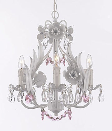 White Iron Floral Crystal Flower Chandelier Lighting W/ Pink Crystal Hearts And Strands - Perfect For Kid'S And Girls Bedroom - J10-B41/White/26027/4