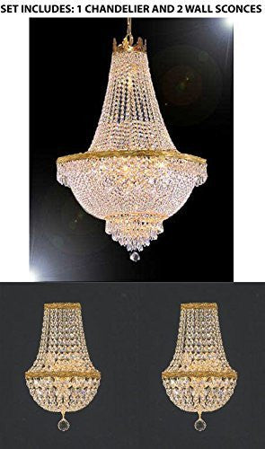 Set Of 3 - 1 French Empire Crystal Chandelier Lighting H30" X W24" And 2 Empire Crystal Wall Sconce Crystal Lighting W 9.5" H 18" D 5" - 1Ea-870/9 + 2Ea-Wallsconce/Cg/4/5 A500-