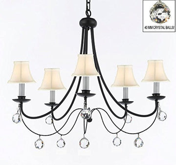 Empress Crystal (Tm) Wrought Iron Chandelier Lighting H.22.5" X W.26" With White Shades And Crystal Balls Swag Plug In-Chandelier W/ 14' Feet Of Hanging Chain And Wire - J10-B16/Sc/Whiteshades/B6/26031/5
