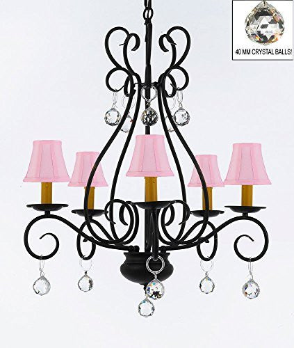 Wrought Iron Empress Crystal (Tm) Chandelier With Shades And Crystal Balls H25.5" W25.5" - P7-B6/Sc/Pinkshades/441/5