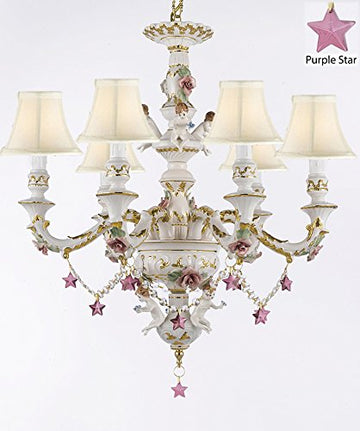 Authentic Capodimonte Porcelain Chandelier Lighting w/ Cherub Angels W/ Purple Stars W/ White Shades Made in Italy Good for Dining Room, Kids & Girls Bedrooms 24K Gold Trimmed w/ Roses & Flowers - GB102-SC/WHITESHADES/B51/119/6