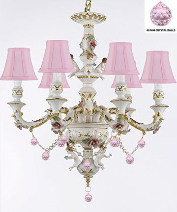 Authentic Capodimonte Porcelain Chandelier Lighting Chandeliers w/ Cherub Angels W/ Pink Balls w/ Pink Shades Made in Italy Trimmed w/ Roses & Flowers-Limited Stock Available - GB102-SC/PINKSHADES/B76/119/6