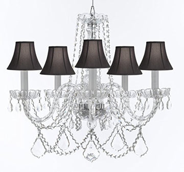 Swarovski Crystal Trimmed Murano Venetian Style Chandelier Crystal Lights Fixture Pendant Ceiling Lamp for Dining Room, Entryway , Living Room w/Large, Luxe Crystals! H25" X W24" w/ Black Shades - A46-BLACKSHADES/B94/B89/384/5SW