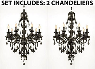 Set Of 2 - New Jet Black Gothic Crystal Chandelier Lighting H37" X W26" - J10-2Ea-Black/Sm/26073/7
