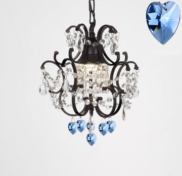 Wrought Iron Crystal Mini Chandelier W/ Blue Crystal Hearts H14" X W11" - J10-B85/26030/1