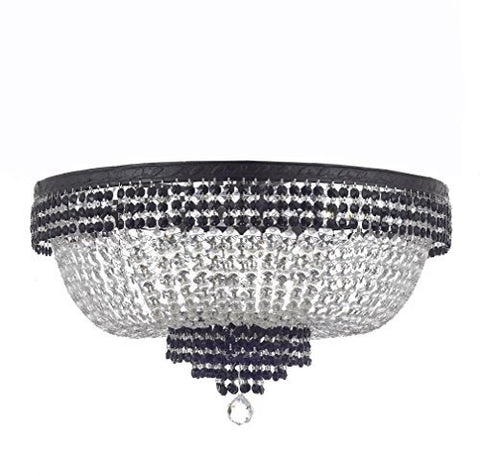 French Empire Crystal Flush Chandelier Chandeliers Lighting Trimmed with Jet Black Crystal With Dark Antique Finish! H21" X W30" Good for Dining Room, Foyer, Entryway, Family Room and More! - A500-B87/CB/FLUSH/870/14