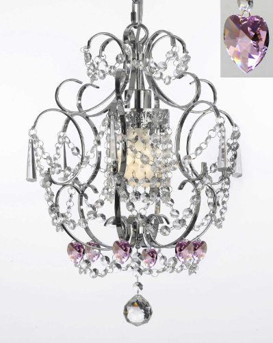 Chrome Crystal Chandelier Lighting With Pink Crystal Hearts H 15" W 11.5" Swag Plug In-Chandelier W/ 14' Feet Of Hanging Chain And Wire - Perfect For Kid'S And Girls Bedroom - J10-B15/B23/26019/1