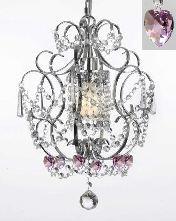 Chrome Crystal Chandelier Lighting With Pink Crystal Hearts H 15" W 11.5" Swag Plug In-Chandelier W/ 14' Feet Of Hanging Chain And Wire - Perfect For Kid'S And Girls Bedroom - J10-B15/B23/26019/1