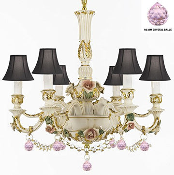 Authentic Capodimonte Porcelain Chandelier Lighting Chandeliers Made in Italy, Trimmed w/ Roses & Flowers Dressed w/ Crystals and Balls With Black Shades - GB102-SC/BLACKSHADE/B52/B76/435/6