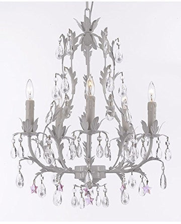 White Wrought Iron Floral Chandelier Lighting W/ Pink Stars -J10-B38/White/26016/5
