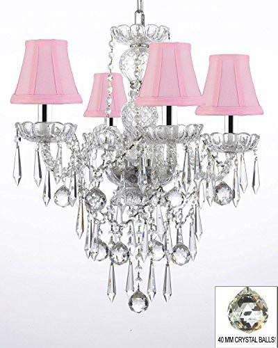 All Crystal Chandelier Lighting Chandeliers W/ 40MM Crystal Balls & Crystal ICICLES and - with Shades W/Chrome Sleeves! - J10-B43/PINKSHADES/B29/3/26098/4