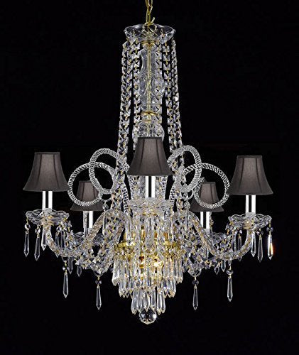 New Crystal Chandelier Murano Venetian Style Chandeliers Lighting w/Chrome Sleeves! 24"X28" With Black Shades! - CJD-B43/G46-BLACKSHADES/Gold/20048/5
