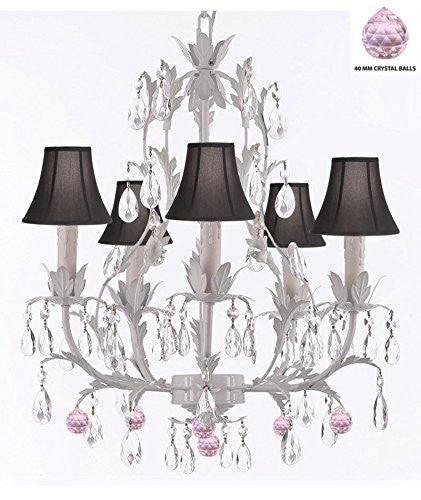 White Wrought Iron Floral Chandelier Lighting W/ Pink Balls And Shades - J10-Sc/Blackshade/B76/White/26016/5