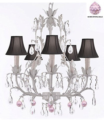 White Wrought Iron Floral Chandelier Lighting W/ Pink Balls And Shades - J10-Sc/Blackshade/B76/White/26016/5