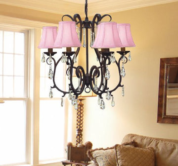 WROUGHT IRON CRYSTAL CHANDELIER WITH PINK SHADES - A7-PINKSHADES/406/6