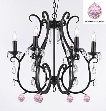 Wrought Iron Empress Crystal (TM) Chandelier Chandeliers Lighting W/ Pink Crystal Balls - For Nursery, Kids, Girls Bedrooms, Kitchen, Etc - A7-B76/406/6