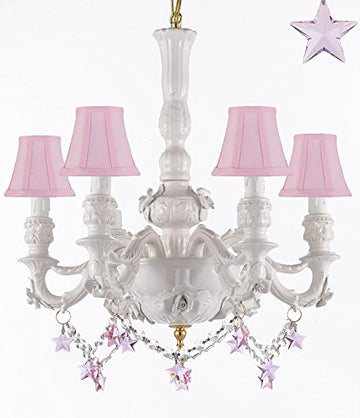Authentic Capodimonte White Porcelain Chandelier Lighting Chandeliers Cottage Chic Made in Italy, Good for Dining Room, Kids & Girls Bedrooms w/ Roses & Flowers W/ Pink Stars Crystals and Pink Shades - GB102-SC/PINKSHADE/B52/B38/WHITE/435/6