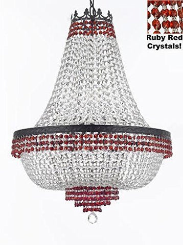 French Empire Crystal Chandelier Chandeliers Lighting Trimmed with Ruby Red Crystal With Dark Antique Finish! H36" X W30" Good for Dining Room, Foyer, Entryway, Family Room and More! - A500-B74/CB/870/14