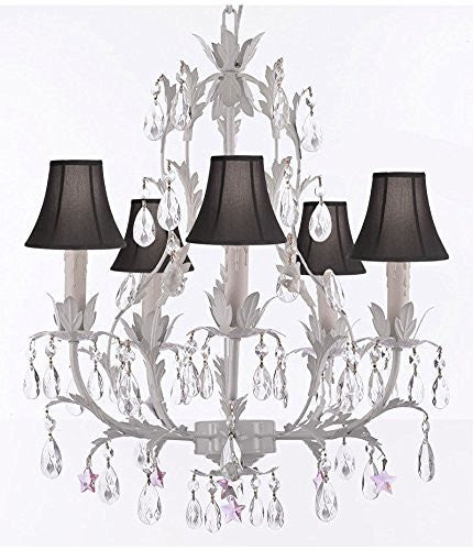 White Wrought Iron Floral Chandelier Lighting W/ Pink Stars And Shades - J10-Sc/Blackshade/B38/White/26016/5