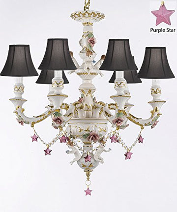 Authentic Capodimonte Porcelain Chandelier Lighting w/ Cherub Angels W/ Purple Stars W/ Black Shades Made in Italy Good for Dining Room, Kids & Girls Bedrooms 24K Gold Trimmed w/ Roses & Flowers - GB102-SC/BLACKSHADES/B51/119/6