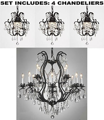 Set Of 4 - Wrought Iron Chandelier Lighting H30" X W28" And Wrought Iron Crystal Chandeliers H14" W11" - A500-1Ea-3034/8+4 + 3Ea-26030/1