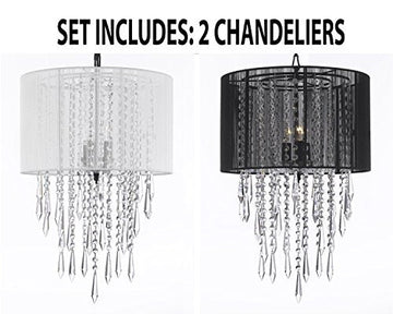 Set Of 2 - 1 White And 1 Black Crystal Chandelier Empress Crytal (Tm) Chandeliers With Large White Shades H24" X W15" - 1Eab27/White/3/26028/3+1Eab27/Black/3/26029/