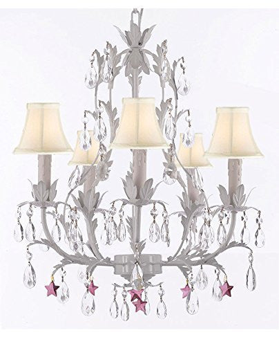 White Wrought Iron Floral Chandelier Lighting W/ Purple Stars And Shades - J10-Sc/Whiteshade/B51/White/26016/5