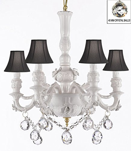 Authentic Capodimonte White Porcelain Chandelier Lighting Chandeliers Cottage Chic Made in Italy, Good for Dining Room, Kids & Girls Bedrooms w/ Roses & Flowers Speciality item, W/ Crystal Balls With Black Shades - GB102-SC/BLACKSHADE/B52/B6/WHITE/435/6