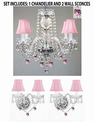 Three Piece Lighting Set - Crystal Chandelier And 2 Wall Sconces W/ Pink Crystal Hearts And Pink Shades - 1Ea Pnkshd/Heart2754+2Ea Pnkshdheart2386