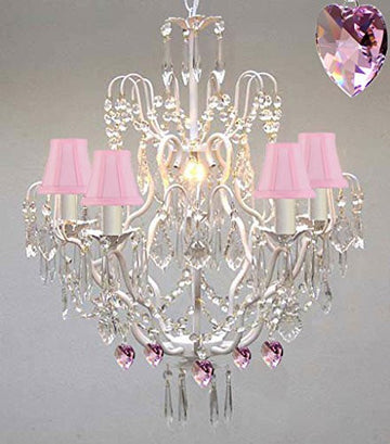 Wrought Iron & Crystal Chandelier Authentic Empress Crystal(Tm) Chandelier With Pink Hearts Nursery Kids Girls Bedrooms Kitchen Etc. With Pink Shades - J10-Pinkshades/White/B21/C/26025/5