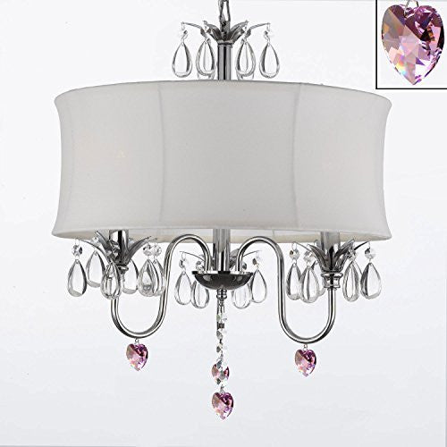 Crystal Chandelier With Large White Shade And Pink Crystal Hearts W18" H 22" - Perfect For Kids' And Girls Bedrooms - J10-B21/White/26033/3