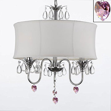 Crystal Chandelier With Large White Shade And Pink Crystal Hearts W18" H 22" - Perfect For Kids' And Girls Bedrooms - J10-B21/White/26033/3