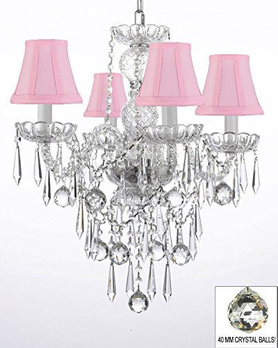 All Crystal Chandelier W/ 40Mm Crystal Balls & Crystal Icicles And - With Shades - J10-Pinkshades/B29/3/26098/4