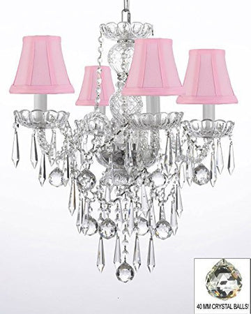 All Crystal Chandelier W/ 40Mm Crystal Balls & Crystal Icicles And - With Shades - J10-Pinkshades/B29/3/26098/4