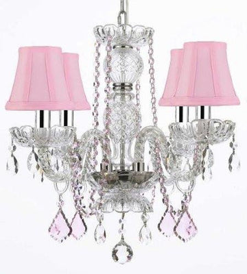 CRYSTAL CHANDELIER CHANDELIERS LIGHTING WITH PINK COLOR CRYSTAL AND PINK SHADES W/CHROME SLEEVES! - J10-B43/PINKSHADES/B2/26098/4