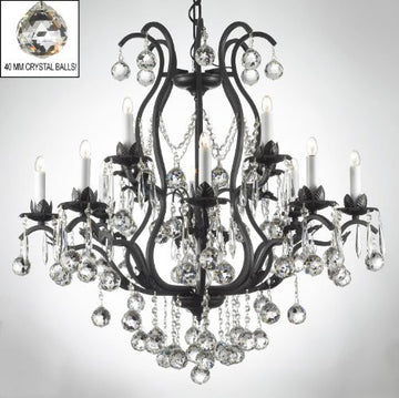 Wrought Iron Crystal Chandelier Lighting Dressed W/ Crystal Balls H36" W36" - A500-B6/3034/10+5