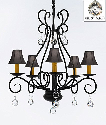 Wrought Iron Empress Crystal (Tm) Chandelier With Black Shades And Crystal Balls H25.5" W25.5" - P7-B6/Sc/Blackshades/441/5