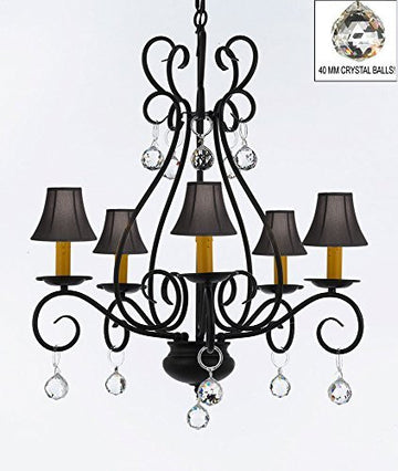 Wrought Iron Empress Crystal (Tm) Chandelier With Black Shades And Crystal Balls H25.5" W25.5" - P7-B6/Sc/Blackshades/441/5