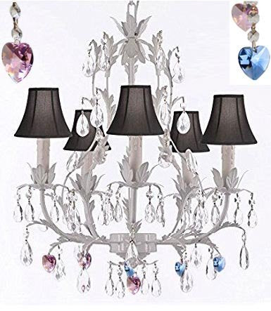 White Wrought Iron Floral Chandelier Lighting W/ Blue And Pink Hearts And Shades - J10-Sc/Blackshade/B85/B21/White/26016/5