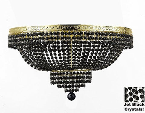French Empire Semi Flush Crystal Chandelier Lighting - Dressed With Jet Black Color Crystals H21" X W30" - A500-B80/Flush/Cg/870/14