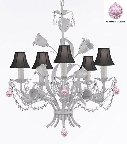 White Wrought Iron Floral Chandelier Empress Crystal (Tm) Flower Chandeliers Lighting H23" X W19" With Black Shades - J10-Sc/Blackshade/B76/B52/White/325/5