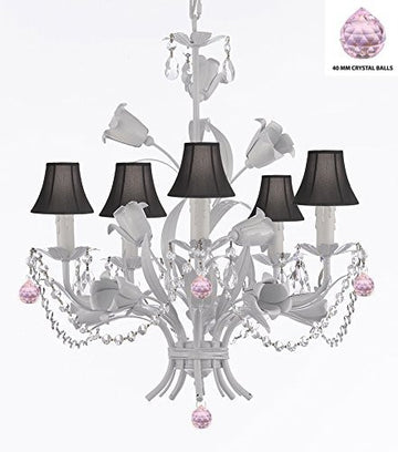 White Wrought Iron Floral Chandelier Empress Crystal (Tm) Flower Chandeliers Lighting H23" X W19" With Black Shades - J10-Sc/Blackshade/B76/B52/White/325/5