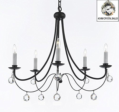 Empress Crystal (Tm) Wrought Iron Chandelier Lighting H.22.5" X W.26" With Crystal Balls Swag Plug In-Chandelier W/ 14' Feet Of Hanging Chain And Wire - J10-B16/B6/26031/5