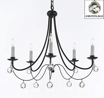 Empress Crystal (Tm) Wrought Iron Chandelier Lighting H.22.5" X W.26" With Crystal Balls Swag Plug In-Chandelier W/ 14' Feet Of Hanging Chain And Wire - J10-B16/B6/26031/5